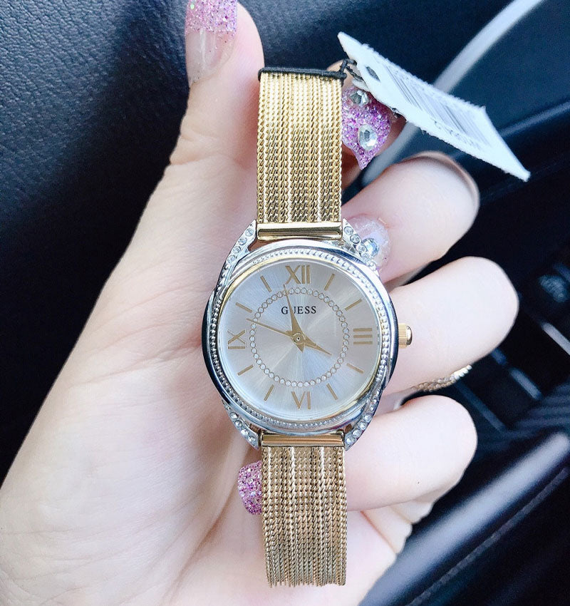  Shop Authentic Guess Whisper Silver Dial Gold Mesh Bracelet Watch for Women - W1084L2 - Luxxuri