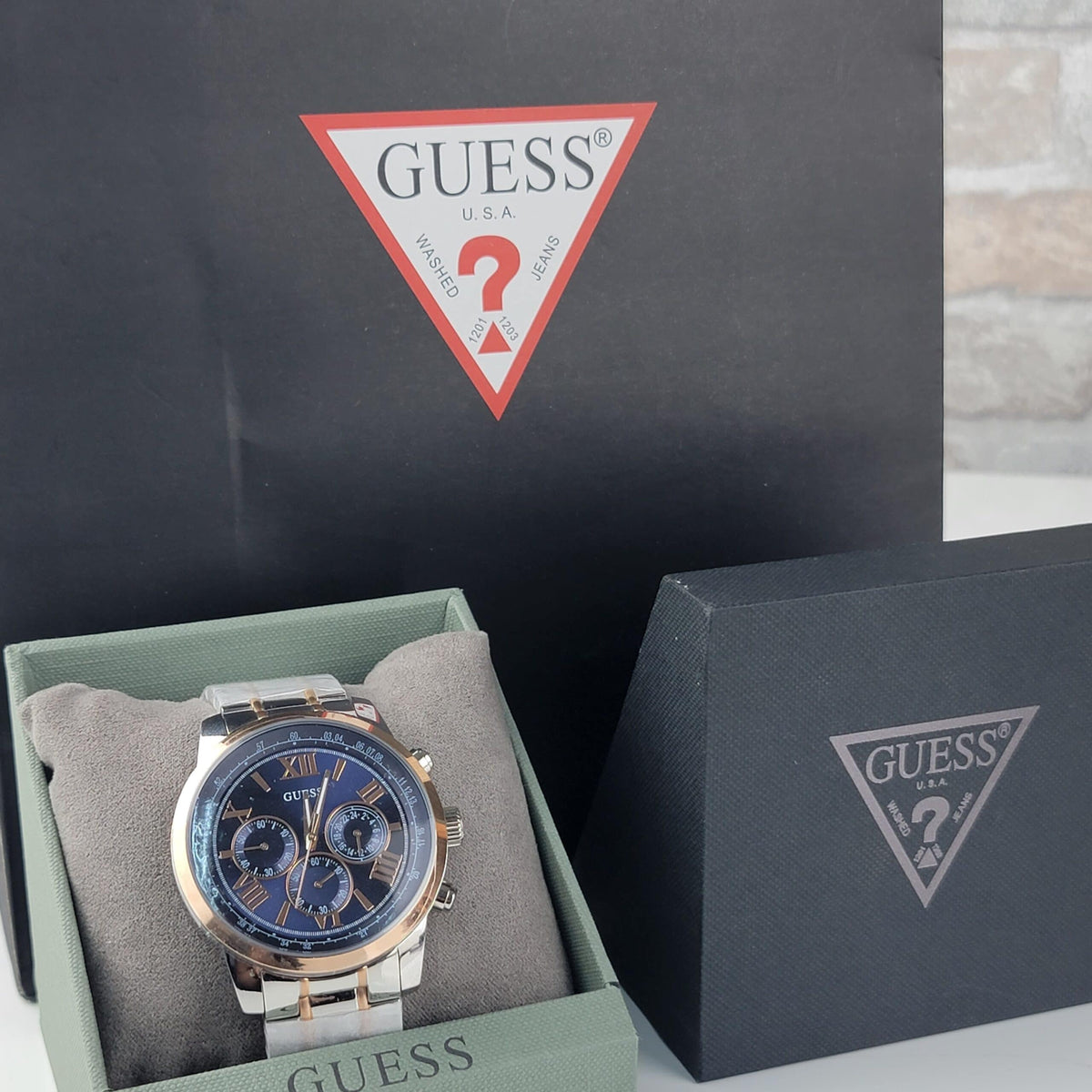  Shop Authentic Guess Horizon Chronograph Blue Dial Two Tone Steel Strap Watch For Men - W0379G7 - Luxxuri