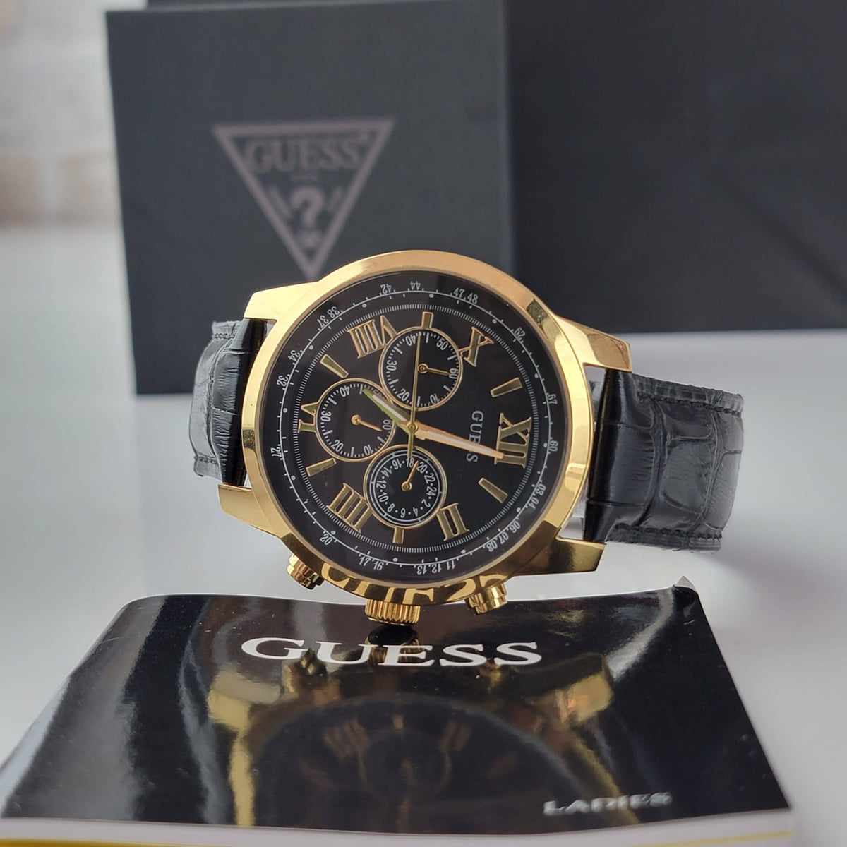  Shop Authentic Guess Horizon Chronograph Quartz Black Dial Black Leather Strap Watch For Men - W0380G7 - Luxxuri