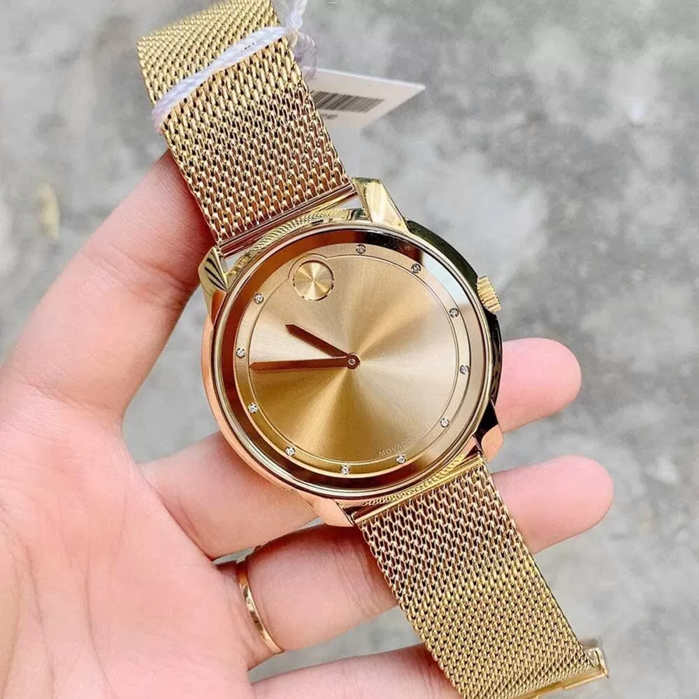  Shop Authentic Movado Bold Diamonds Gold Dial Gold Mesh Bracelet Watch For Men - 3600460 - Luxxuri