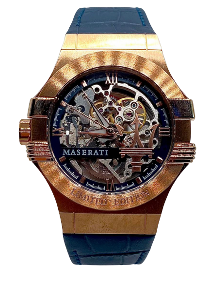  Shop Authentic Maserati Automatic Skeleton Dial Rose Gold Blue Leather Strap Watch For Men - R8821108022 - Luxxuri