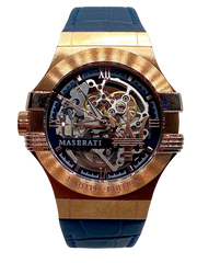  Shop Authentic Maserati Automatic Skeleton Dial Rose Gold Blue Leather Strap Watch For Men - R8821108022 - Luxxuri