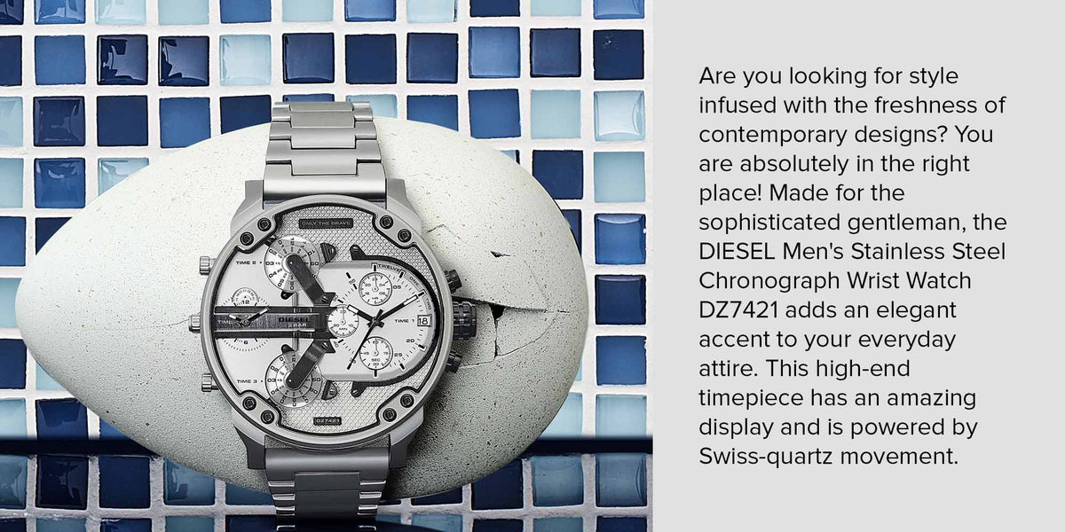  Shop Authentic Diesel Mr. Daddy Chronograph Silver Dial Silver Steel Strap Watch For Men - DZ7421 - Luxxuri