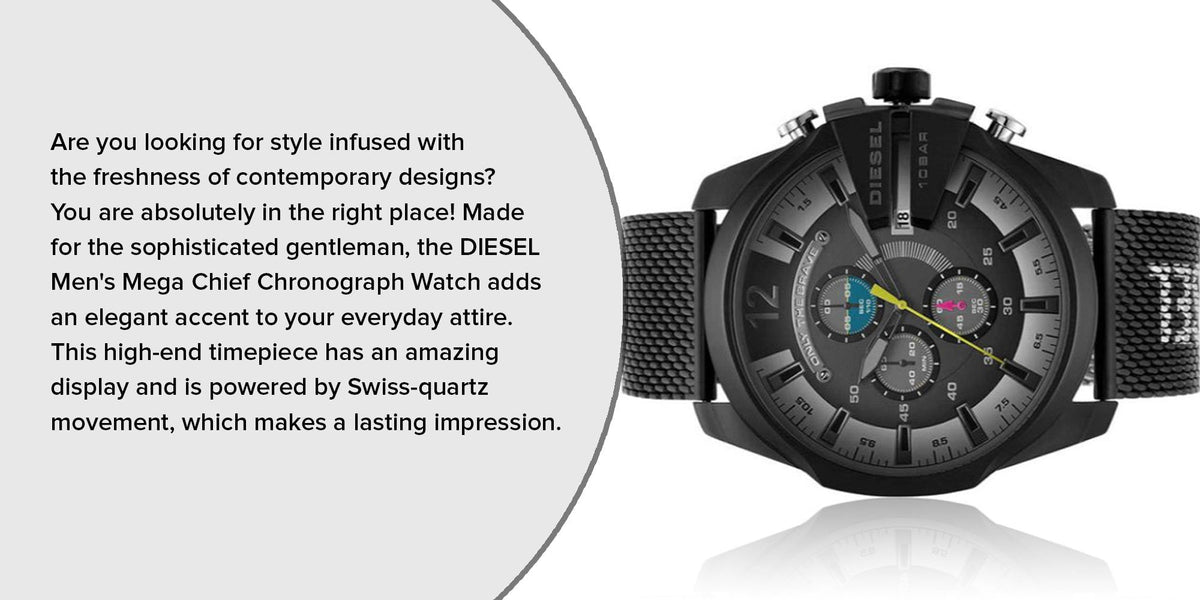  Shop Authentic Diesel Mega Chief Chronograph Black Dial Black Mesh Bracelet Watch For Men - DZ4514 - Luxxuri