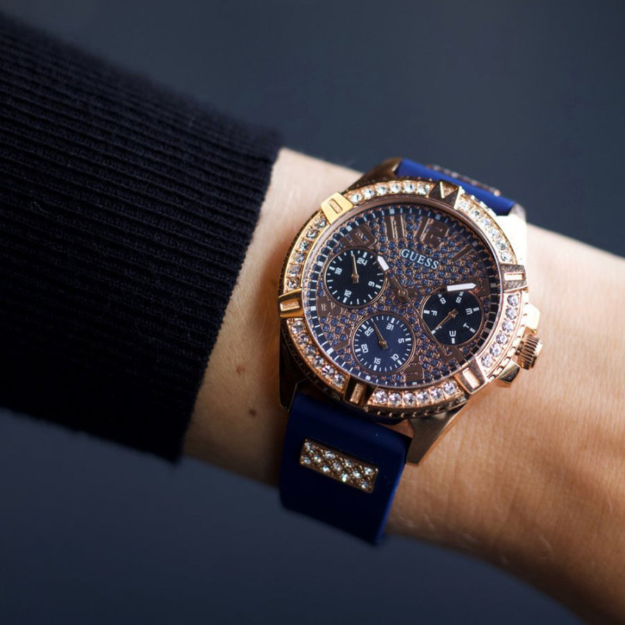  Shop Authentic Guess Frontier DIamonds Gold Dial Blue Rubber Strap Watch For Women - W1160L3 - Luxxuri