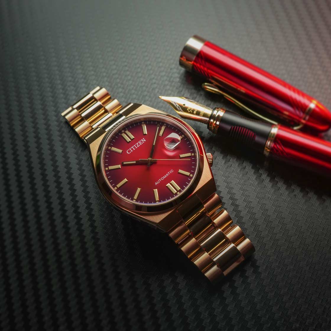  Shop Authentic Citizen Tsuyosa Automatic Red Dial Gold Steel Strap Watch For Men - NJ0153-82X - Luxxuri