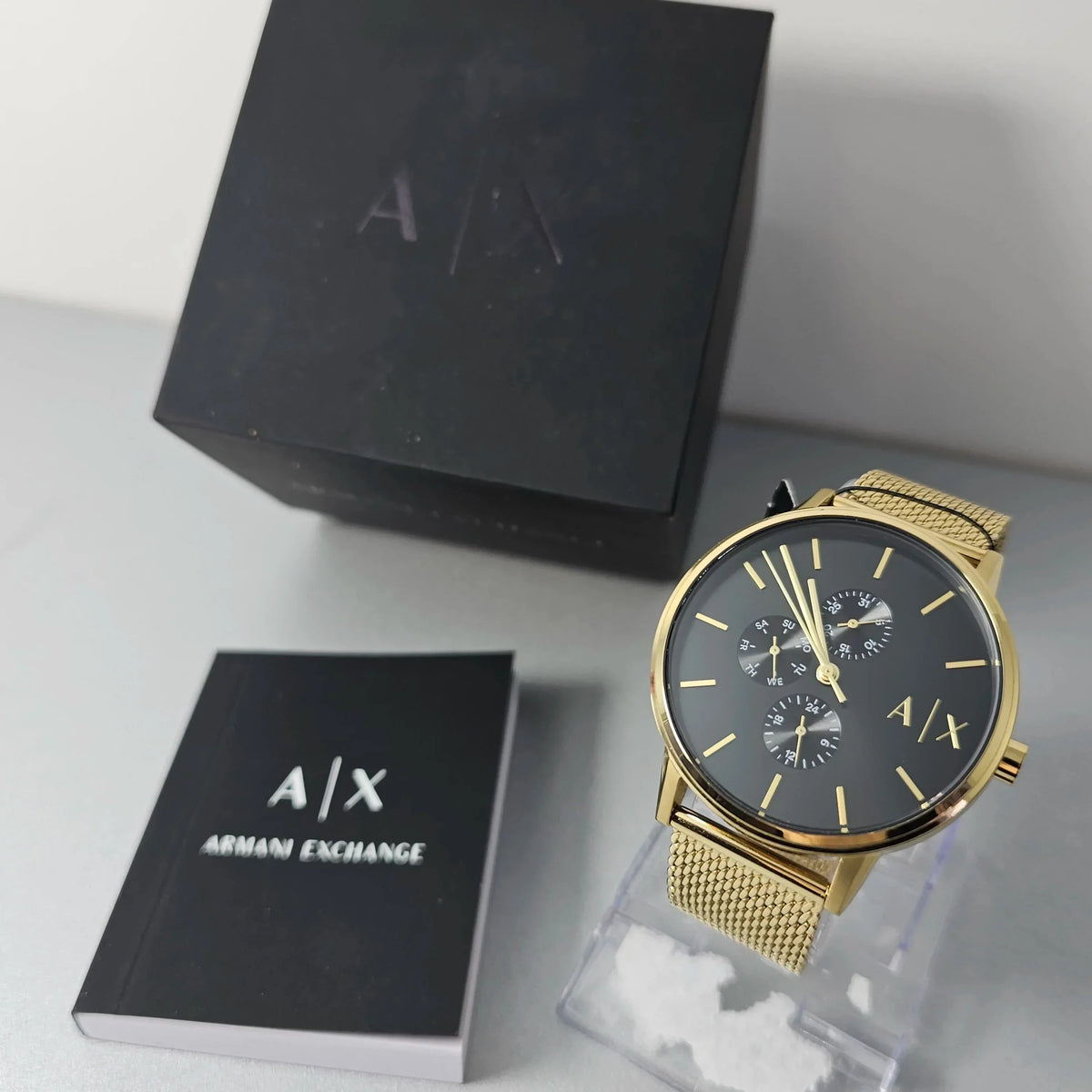  Shop Authentic Armani Exchange Cayde Chronograph Black Dial Gold Mesh Strap Watch For Men - AX2715 - Luxxuri