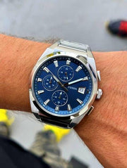  Shop Authentic Fossil Everett Chronograph Blue Dial Silver Steel Strap Watch for Men - FS5795 - Luxxuri