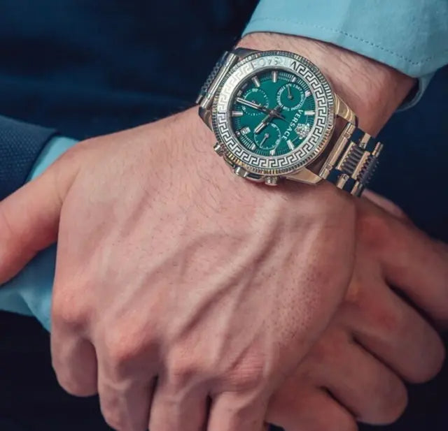  Shop Authentic Versace Greca Action Chronograph Quartz Green Dial Silver Steel Strap Watch for Men - VE3J00422 - Luxxuri