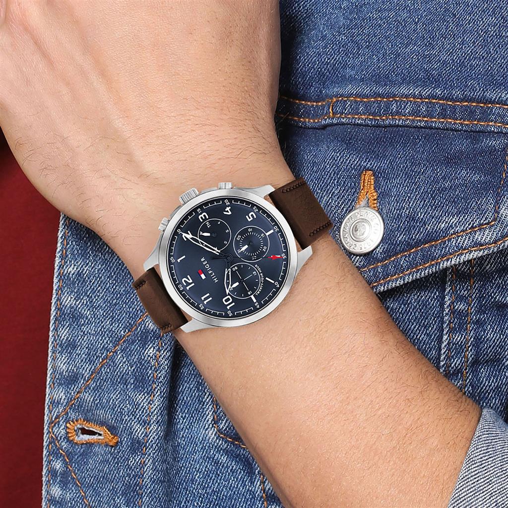  Shop Authentic Tommy Hilfiger Asher Chrongraph Blue Dial Brown Leather Strap Watch For Men - 1791855 - Luxxuri