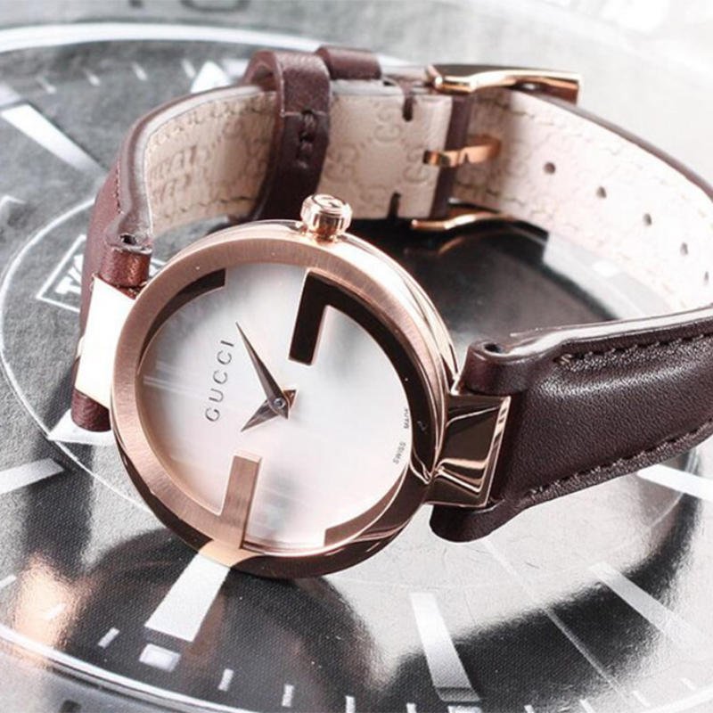  Shop Authentic Gucci G Interlocking Mother of Pearl Dial Brown Leather Strap Watch For Women - YA133516 - Luxxuri