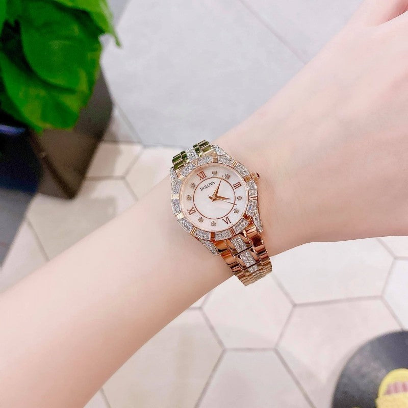  Shop Authentic Bulova Crystal Mother of Pearl Dial Rose Gold Steel Strap Watch for Women - 98L197 - Luxxuri