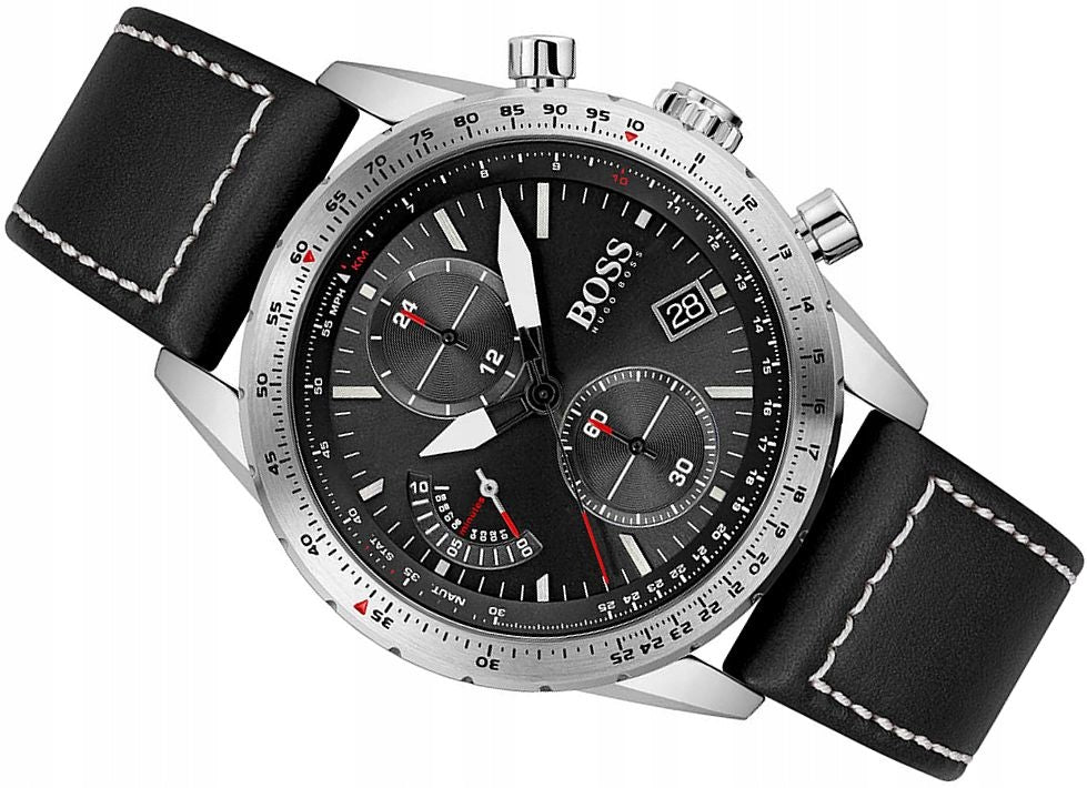  Shop Authentic Hugo Boss Aero Chronograph Black Dial Black Leather Strap Watch for Men - 1513770 - Luxxuri