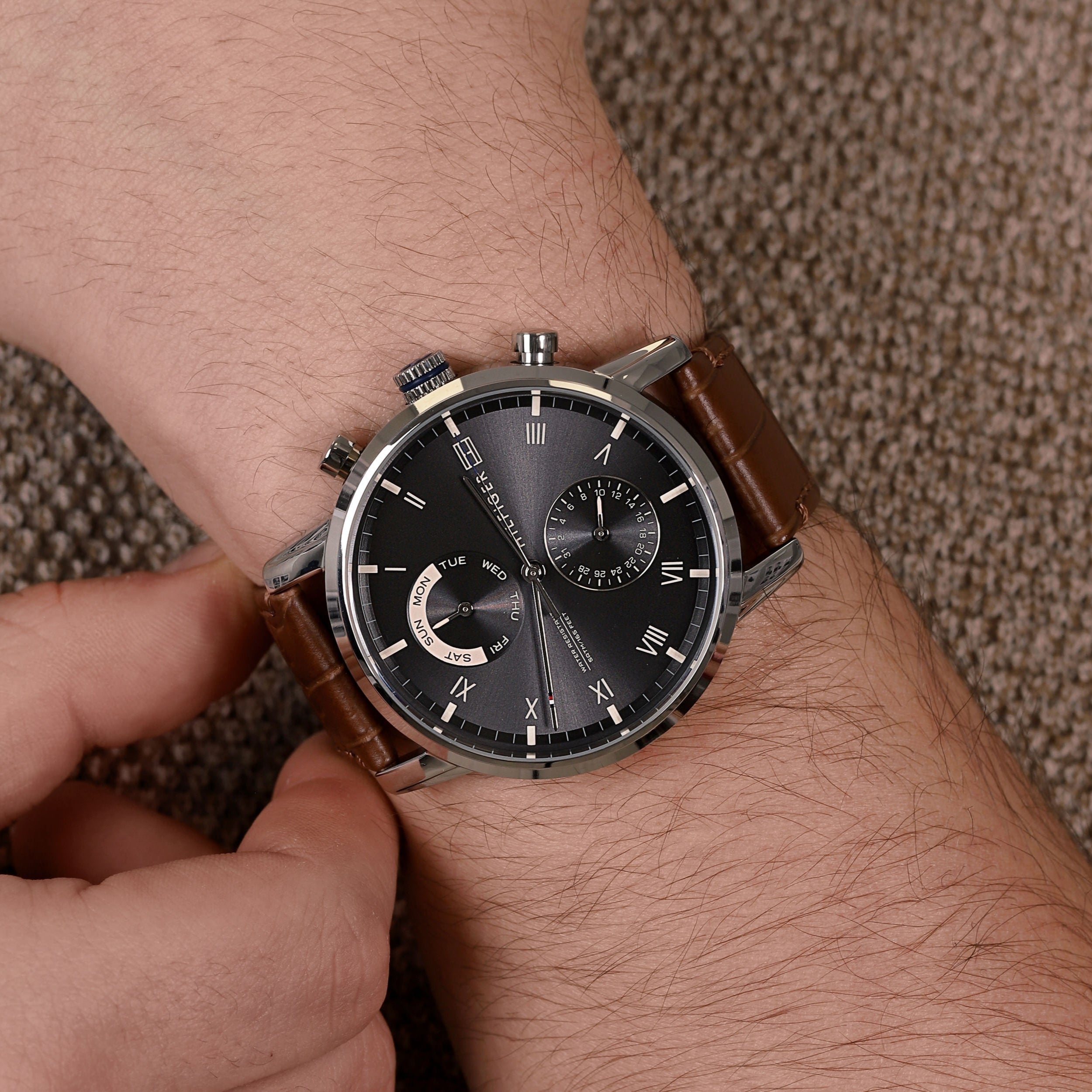  Shop Authentic Tommy Hilfiger Kane Grey Dial Brown Leather Strap Watch for Men - 1710398 - Luxxuri