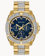  Shop Authentic Bulova Crystal Collection Blue Dial Gold Steel Strap Watch for Men - 98C128 - Luxxuri
