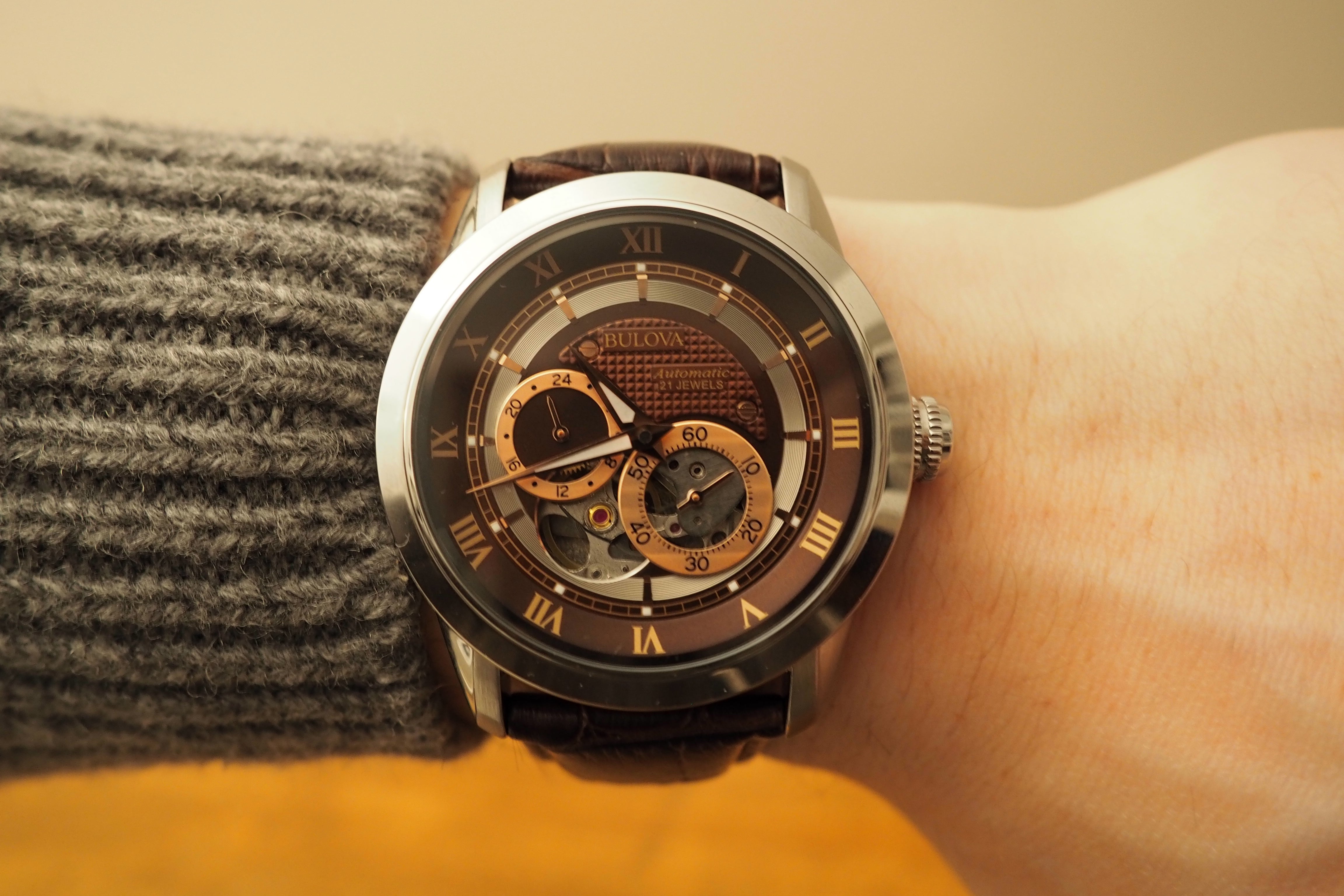  Shop Authentic Bulova Classic Skeleton Automatic Brown Dial Brown Leather Strap Watch for Men - 96A120 - Luxxuri