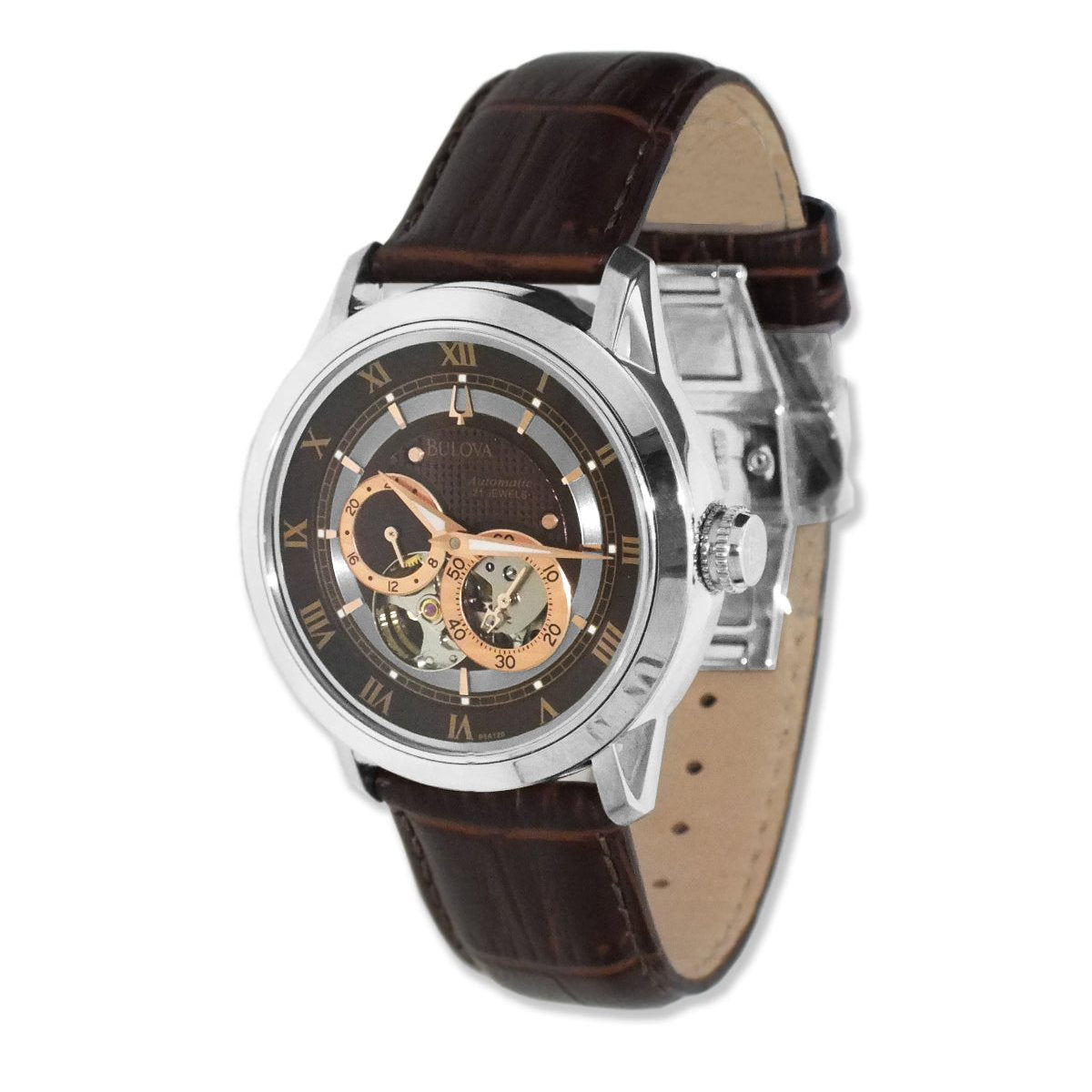  Shop Authentic Bulova Classic Skeleton Automatic Brown Dial Brown Leather Strap Watch for Men - 96A120 - Luxxuri