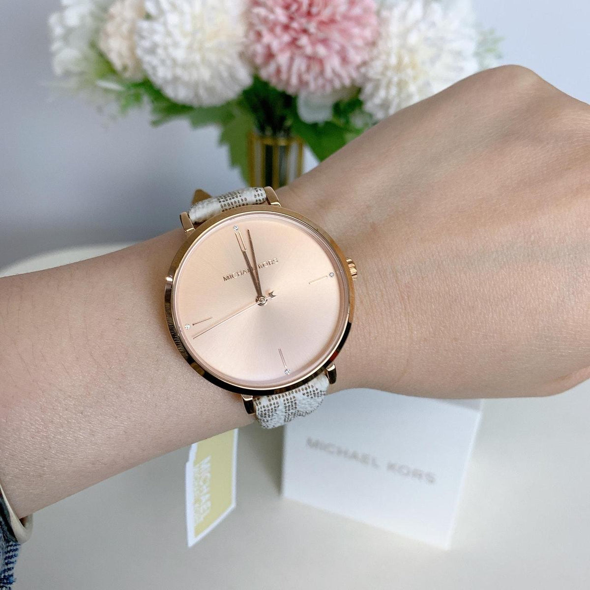  Shop Authentic Michael Kors Jayne Three Hand Rose Gold Dial White Leather Strap Watch For Women - MK7128 - Luxxuri