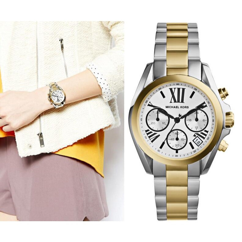  Shop Authentic Michael Kors Bradshaw Chronograph Silver Dial Two Tone Steel Strap Watch For Women - MK5912 - Luxxuri