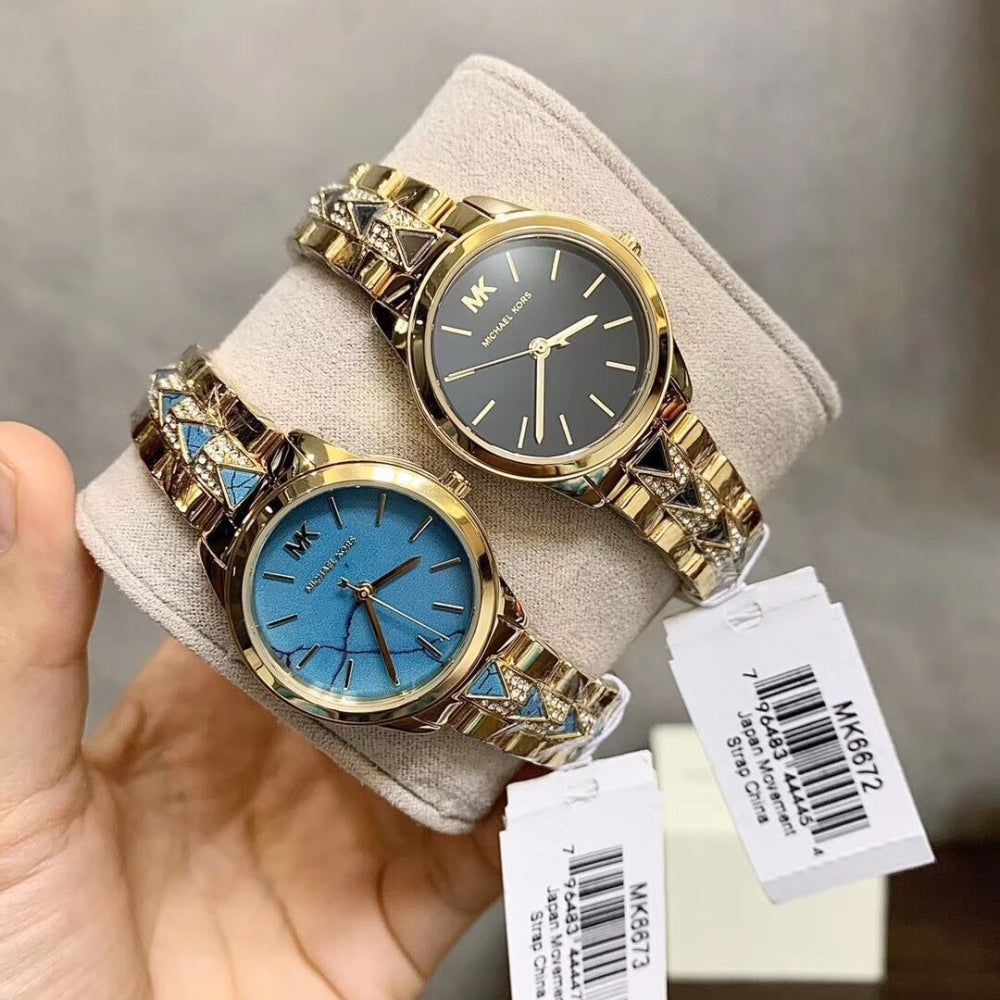  Shop Authentic Michael Kors Petite Runway Mercer Blue Dial Gold Steel Strap Watch For Women - MK6673 - Luxxuri