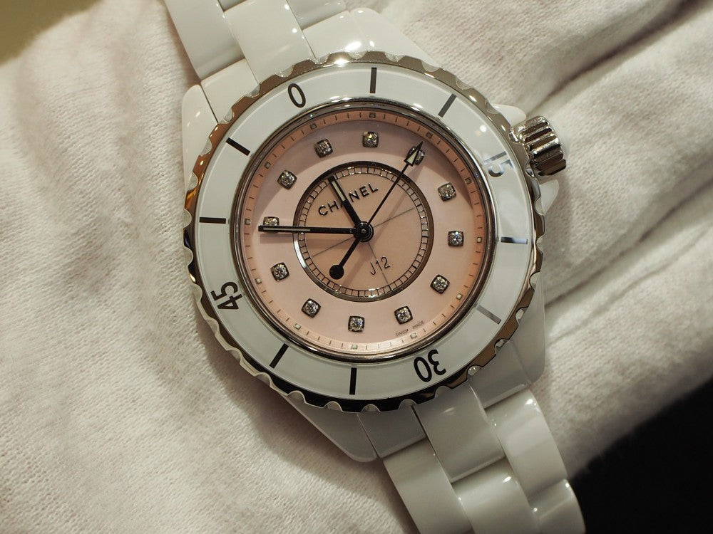  Shop Authentic Chanel J12 Quartz Diamonds Pink Dial White Steel Strap Watch for Women - J12 H5513 - Luxxuri