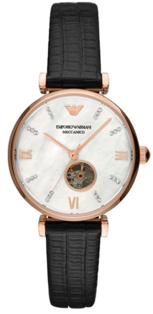  Shop Authentic Emporio Armani Gianni T Bar Mother of Pearl White Dial Black Leather Strap Watch For Women - AR60047 - Luxxuri