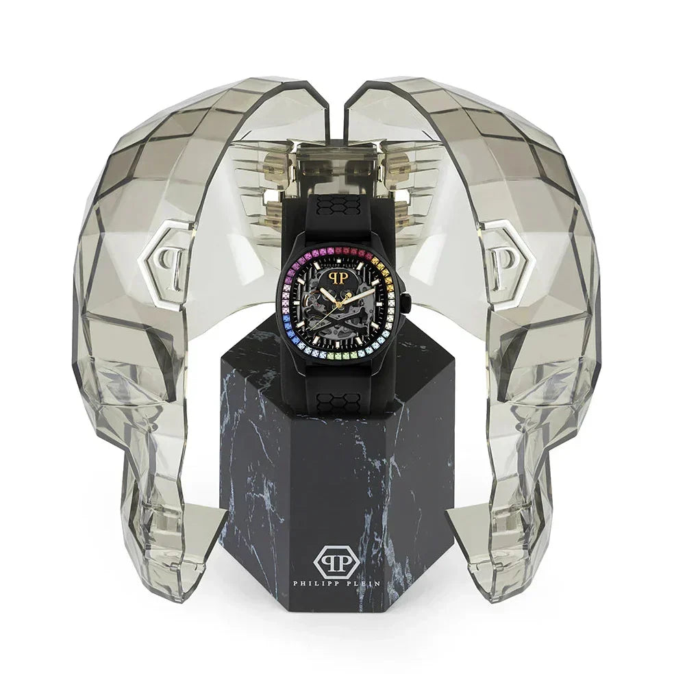 Philipp Plein Skeleton Spectre Black Dial Black Silicone Strap Watch for Men - PWRAA1023