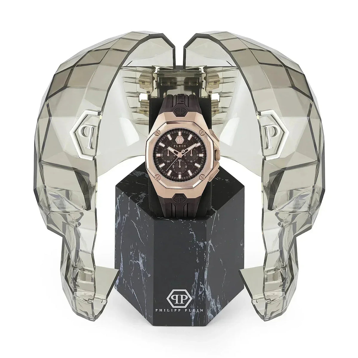 Philipp Plein Octagon Rose Gold Dial Brown Silicone Strap Watch for Men  - PWTBA0223