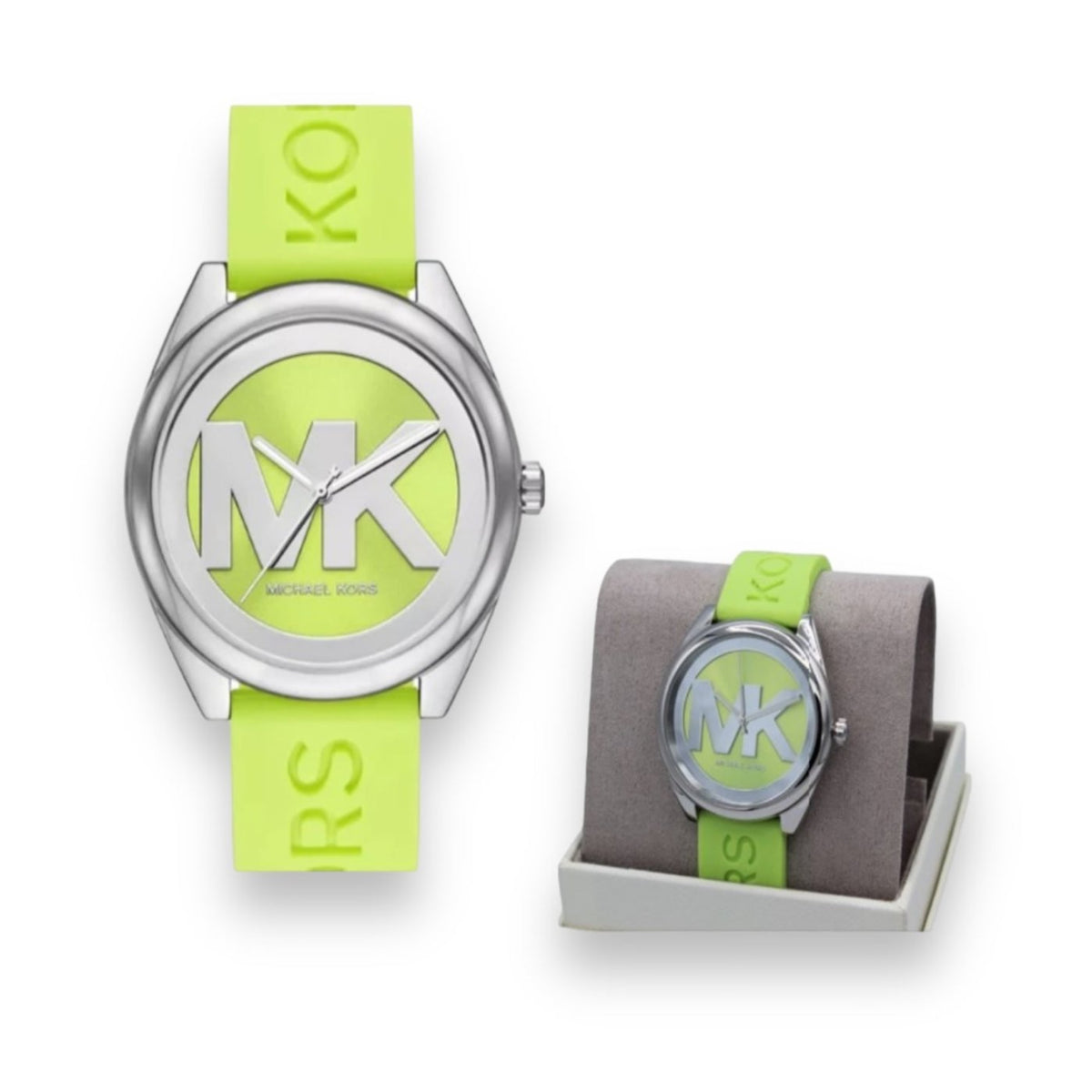  Shop Authentic Michael Kors Janelle Three Hand Neon Green Dial Neon Green Rubber Strap Watch For Women - MK7351 - Luxxuri