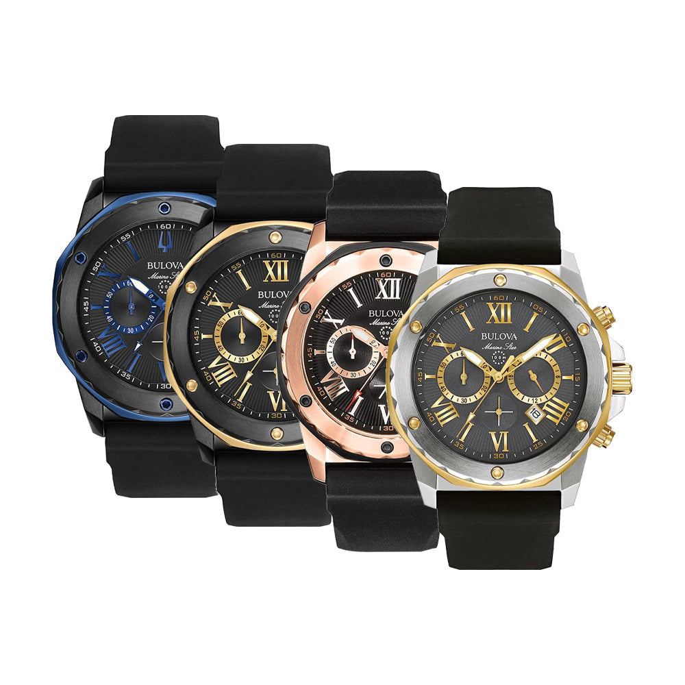  Shop Authentic Bulova Marine Star Chronograph Black Dial Black Rubber Strap Watch for Men - 98B127 - Luxxuri