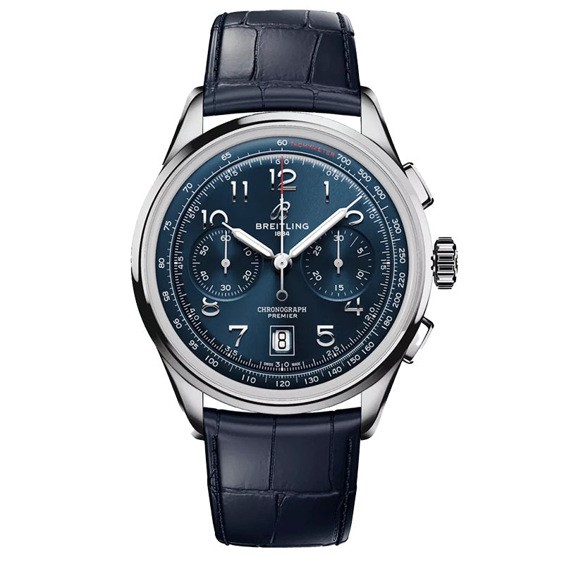  Shop Authentic Breitling Premier B01 Chronograph 42 Blue Dial Blue Leather Strap Watch for Men - AB0145171C1P2 - Luxxuri