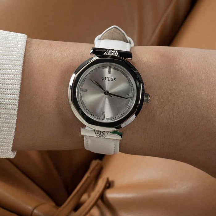  Shop Authentic Guess Rumour Silver Dial White Leather Strap Watch For Women - GW0689L1 - Luxxuri