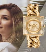  Shop Authentic Michael Kors Chain Lock Pave Gold Dial Gold Steel Strap Watch For Women - MK4711 - Luxxuri