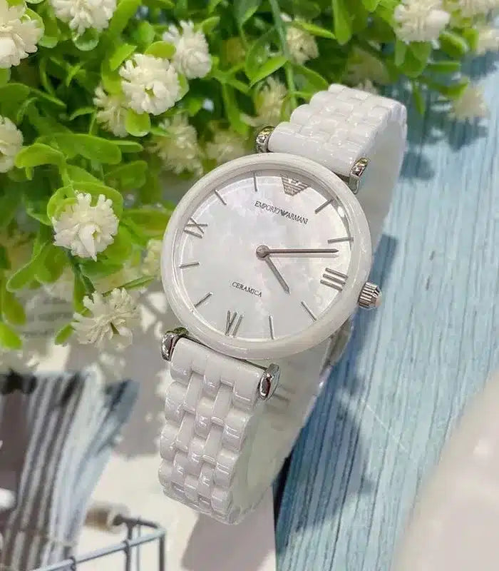  Shop Authentic Emporio Armani Giannti T Bar Quartz Mother of Pearl Dial White Steel Strap Watch For Women - AR1485 - Luxxuri