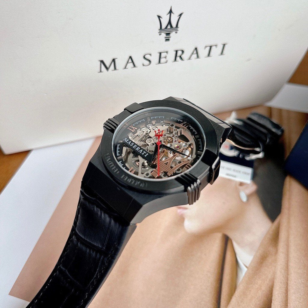  Shop Authentic Maserati Automatic Skeleton Black Dial Black Leather Strap Watch For Men - R8821108021 - Luxxuri