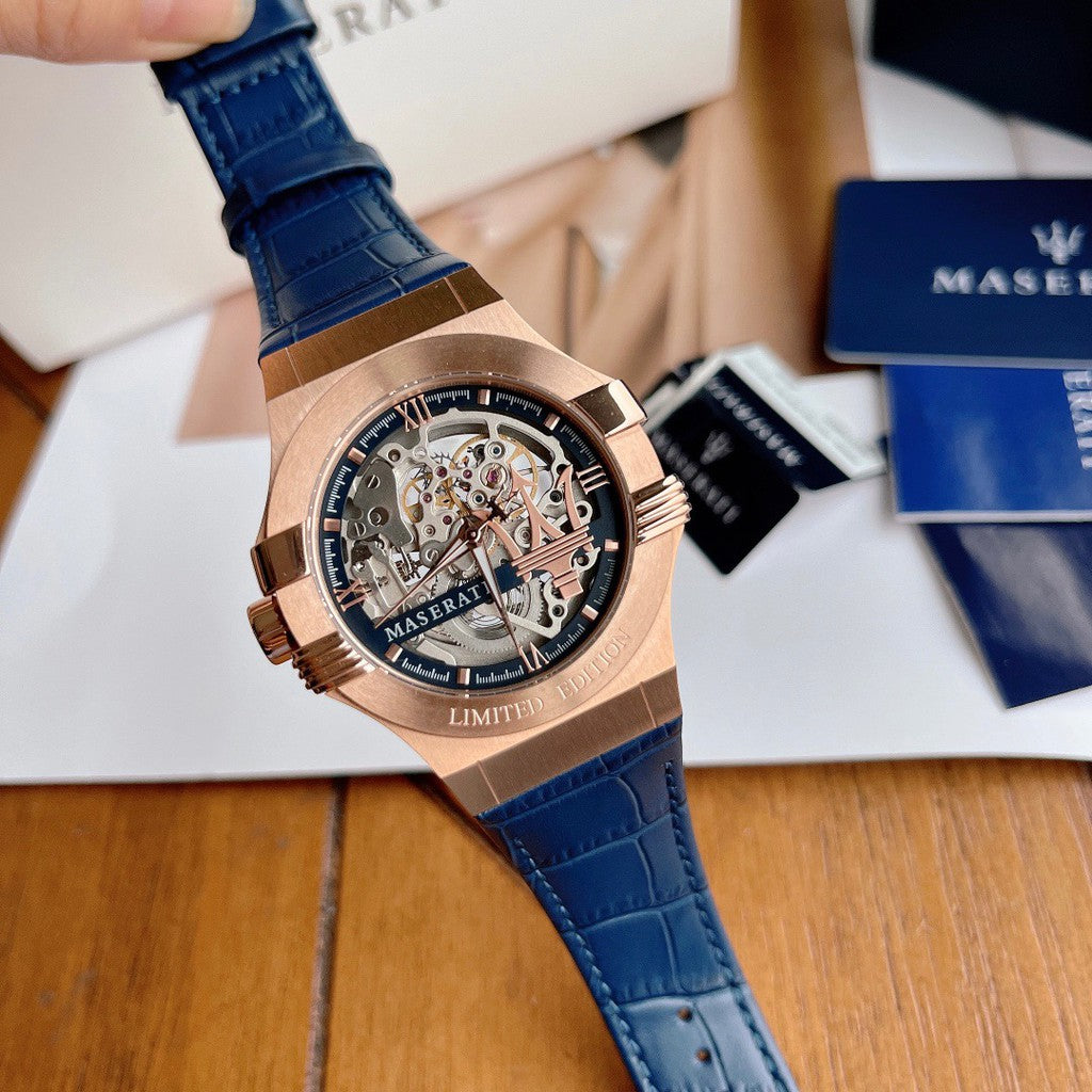  Shop Authentic Maserati Automatic Skeleton Dial Rose Gold Blue Leather Strap Watch For Men - R8821108022 - Luxxuri