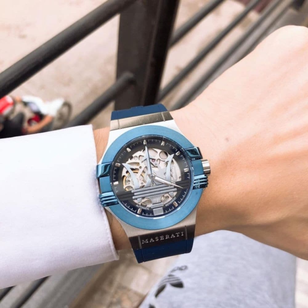  Shop Authentic Maserati Potenza Automatic Skeleton Dial Blue Rubber Strap Watch For Men - R8821108035 - Luxxuri