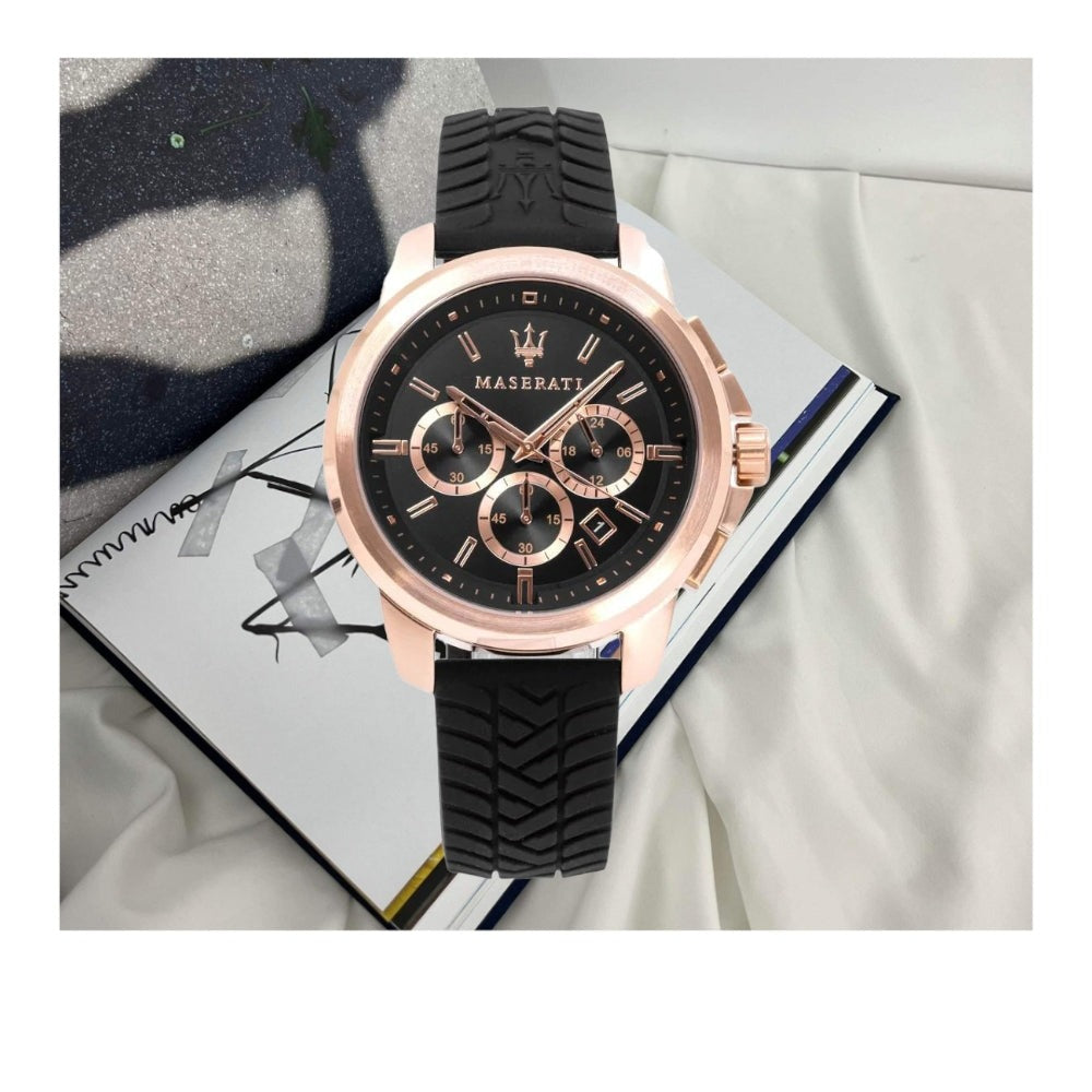  Shop Authentic Maserati Successo 44mm Black Rose Gold Dial Black Rubber Strap Watch For Men - R8871621012 - Luxxuri