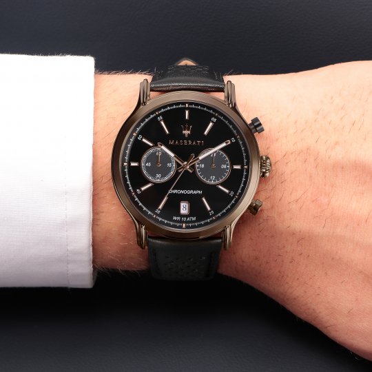  Shop Authentic Maserati Legend Chronograph Black Dial Black Leather Strap Watch For Men - R8871638001 - Luxxuri