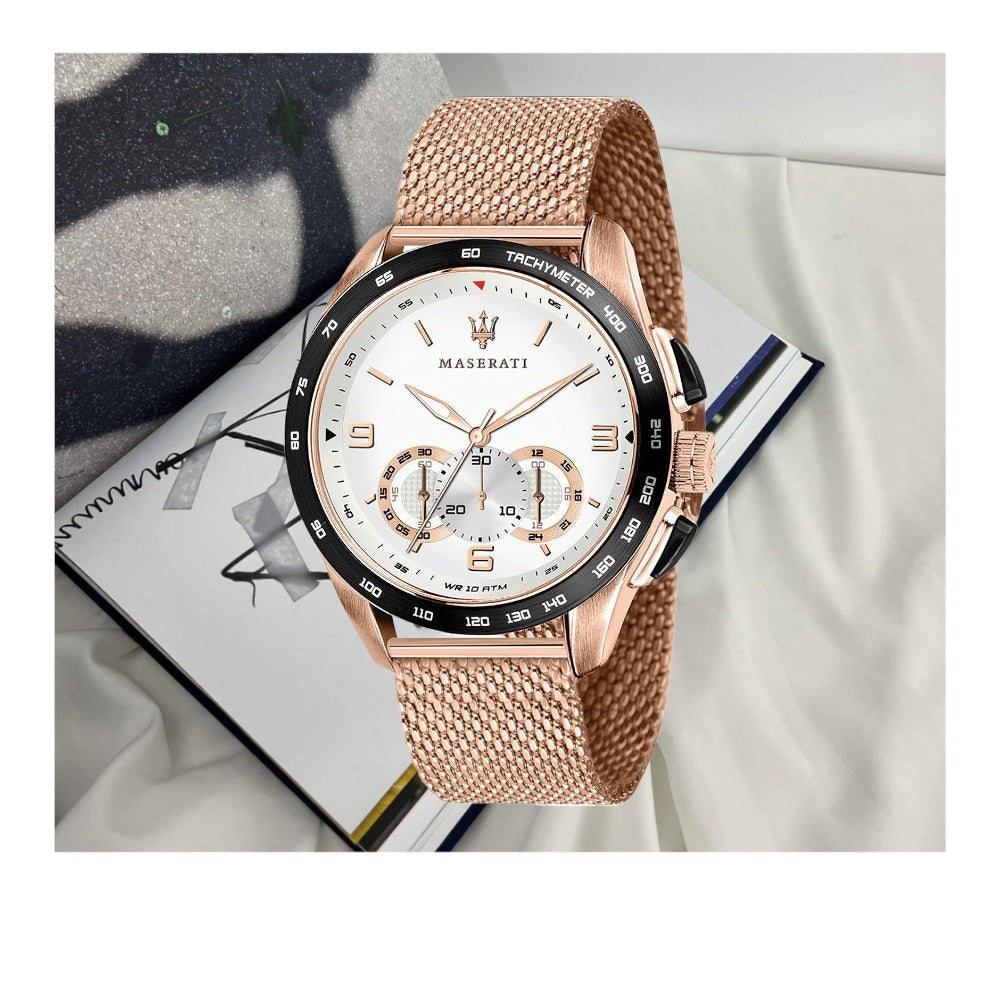  Shop Authentic Maserati Traguardo 45mm Chronograph Rose Gold Mesh Strap White Dial Watch For Men - R8873612011 - Luxxuri