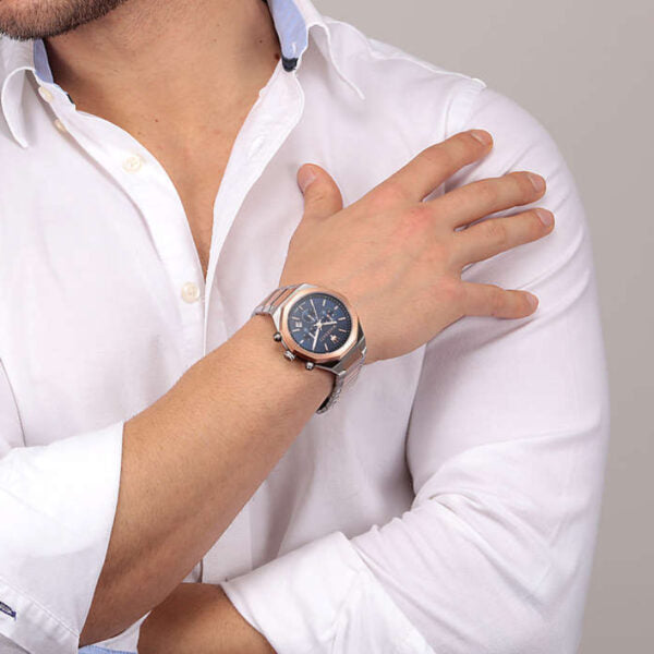  Shop Authentic Maserati Stile Chronograph Blue Dial Rose Gold Two Tone Strap Watch For Men - R8873642002 - Luxxuri