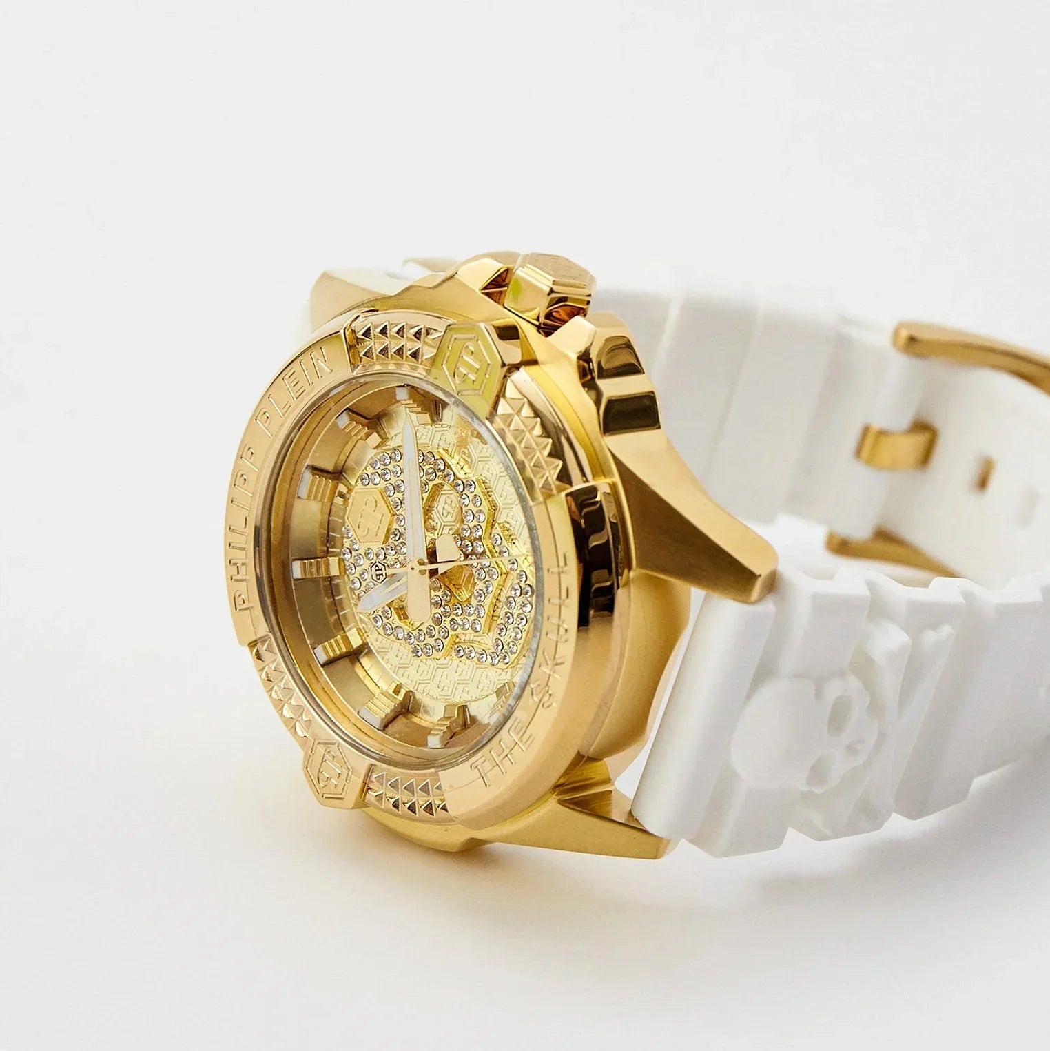 Philipp Plein The Skull Gold Dial White Silicone Strap Watch for Men - PWAAA1221