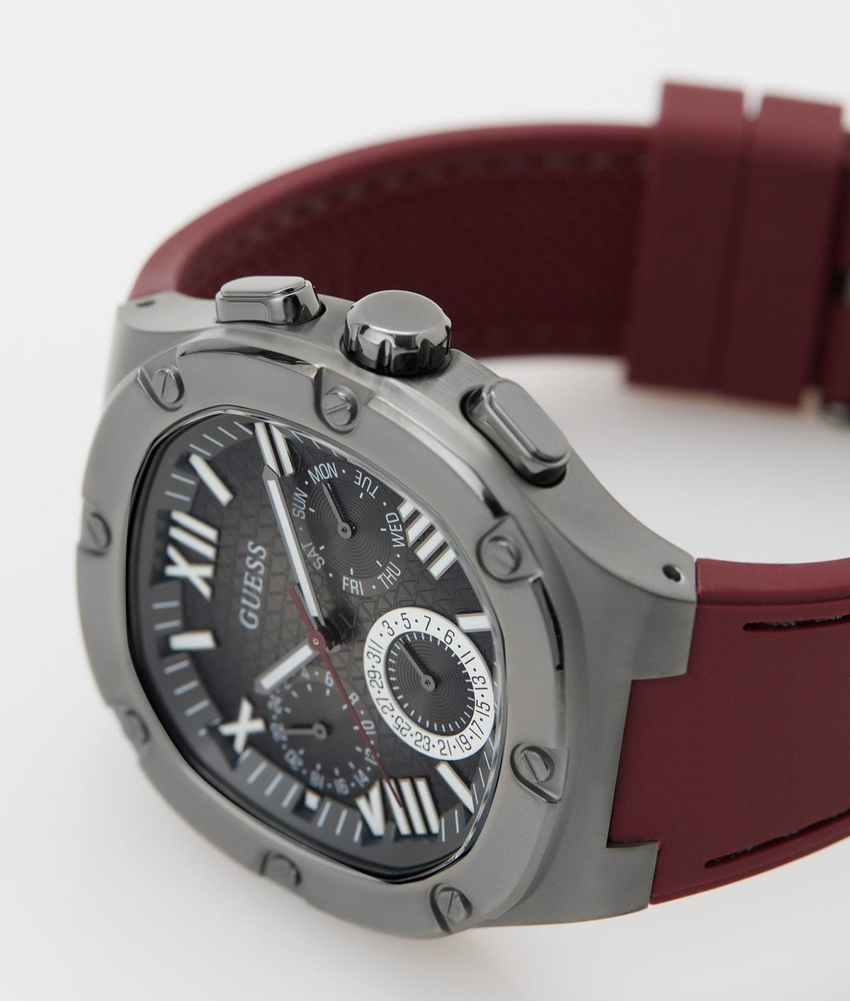  Shop Authentic Guess Headline Multifunction Grey Dial Burgundy Silicone Strap Watch For Men - GW0571G4 - Luxxuri