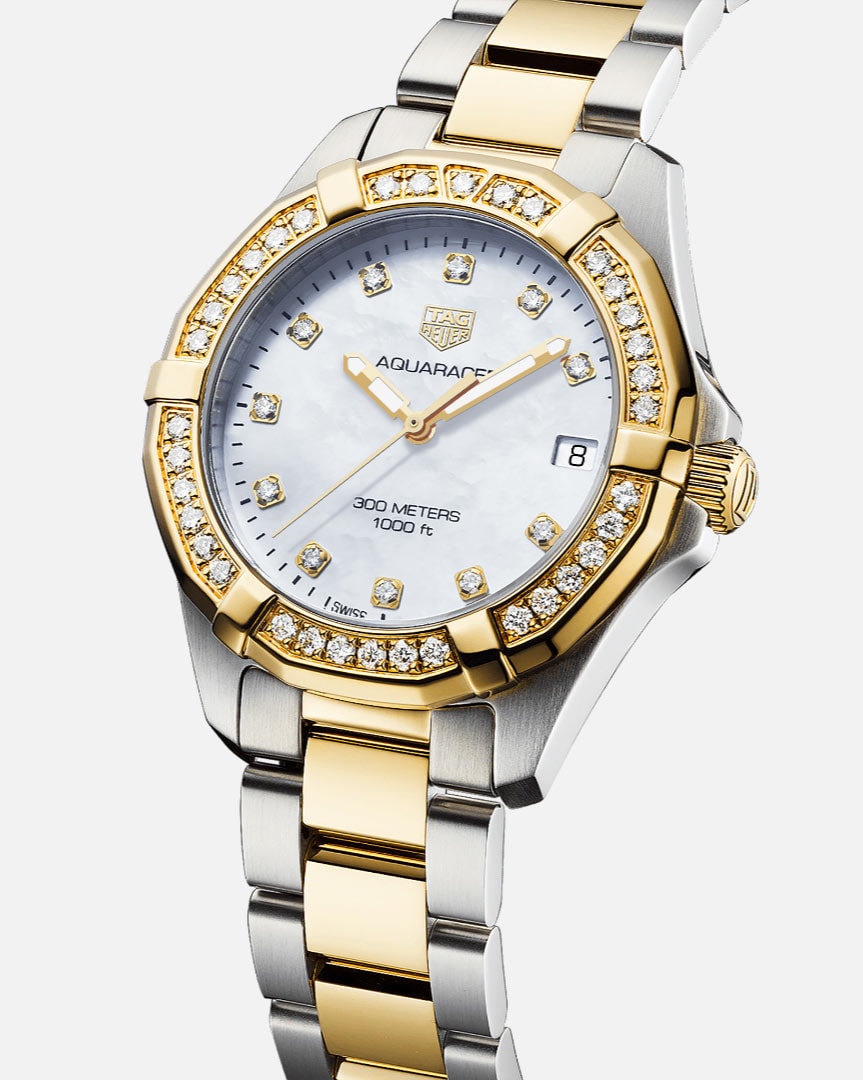  Shop Authentic Tag Heuer Aquaracer Diamonds Mother of Pearl Dial Two Tone Steel Strap Watch for Women - WBD1323.BB0320 - Luxxuri