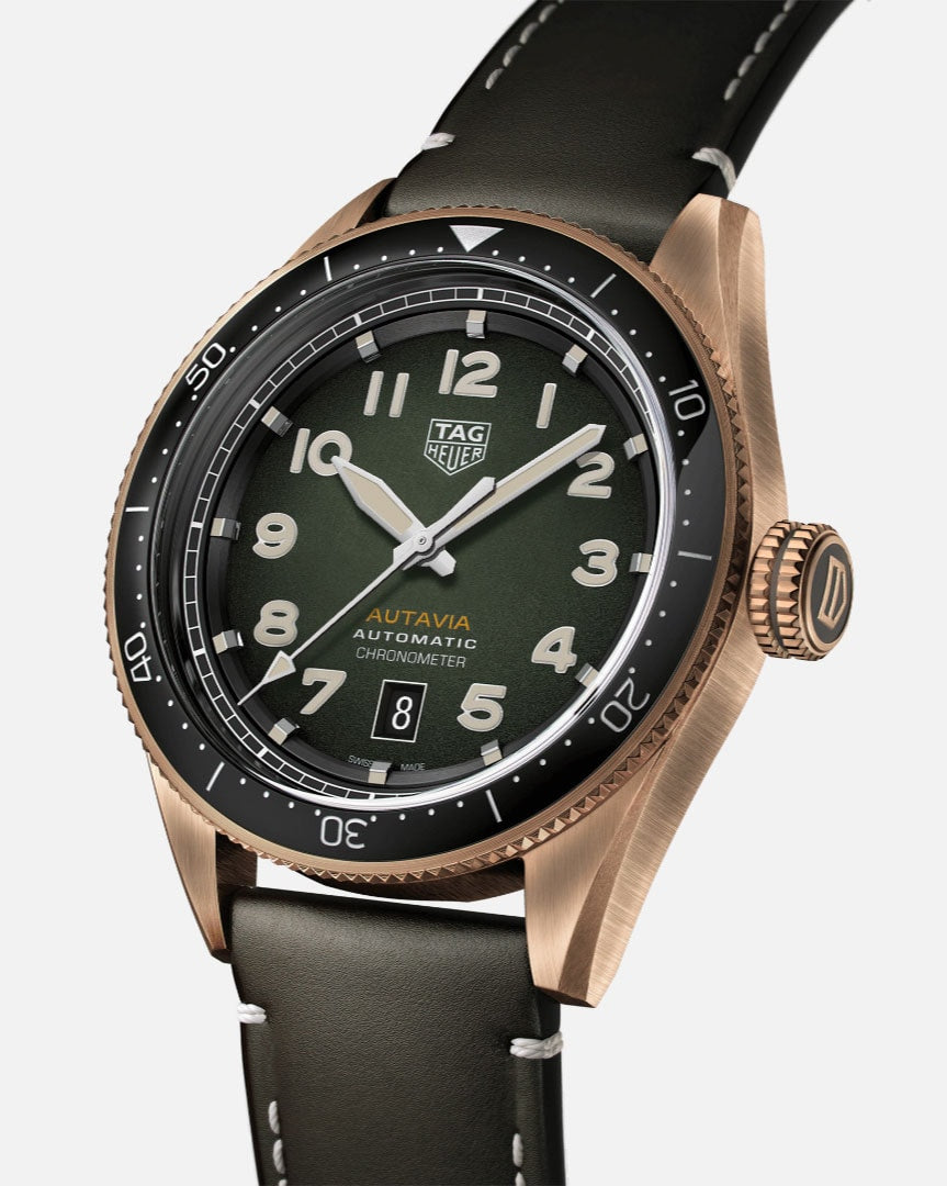  Shop Authentic Tag Heuer Autavia Calibre 5 Automatic Olive Green Dial Green Leather Strap Watch for Men - WBE5190.FC8268 - Luxxuri