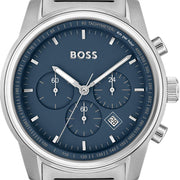  Shop Authentic Hugo Boss Trace Chronograph Quartz Blue Dial Silver Steel Strap Watch For Men - 1514007 - Luxxuri