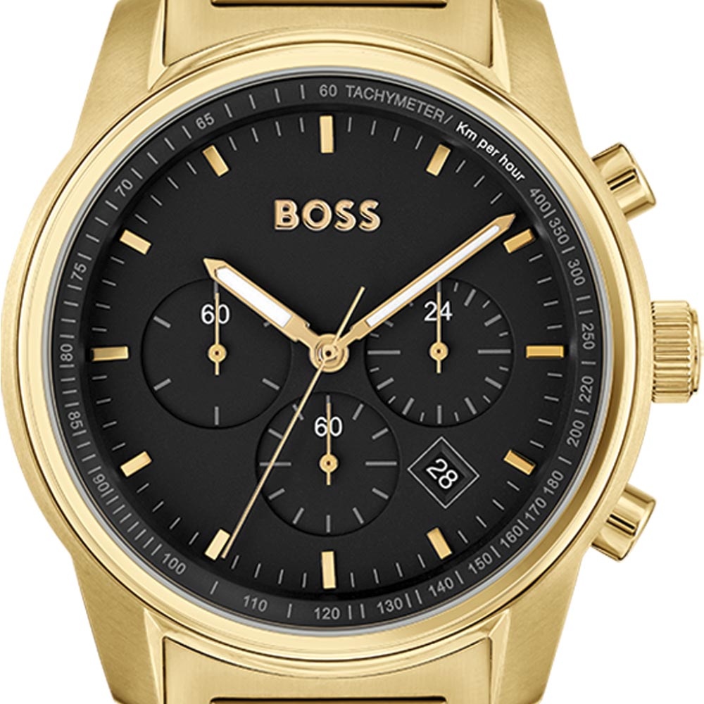 Shop Authentic Hugo Boss Trace Chronograph Black Dial Gold Steel Strap Watch For Men - 1514006 - Luxxuri
