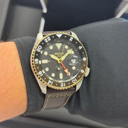 Seiko 5 Sports SKX GMT Automatic Mocha Black Dial Brown Leather Strap Watch For Men - SSK036K1