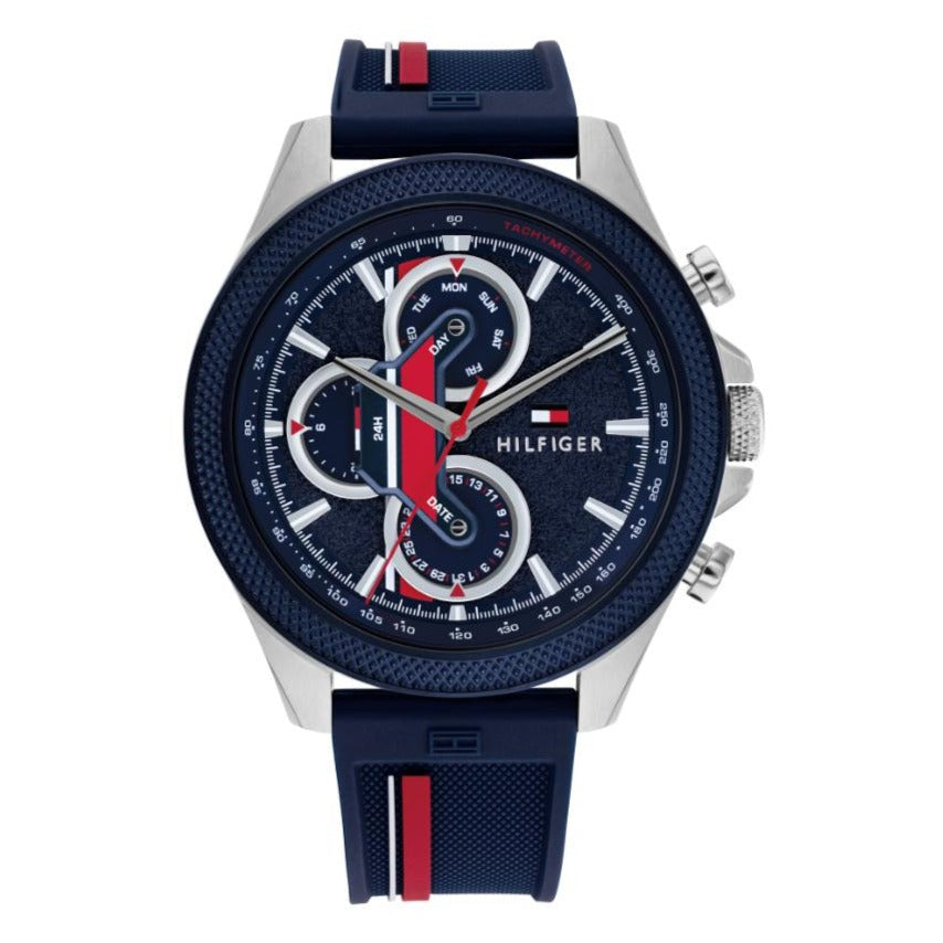  Shop Authentic Tommy Hilfiger Clark Chronograph Blue Dial Black Leather Strap Watch For Men - 1792083 - Luxxuri
