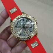  Shop Authentic Guess Frontier Diamonds Gold Dial Red Rubber Strap Watch for Women - GW0045L2 - Luxxuri